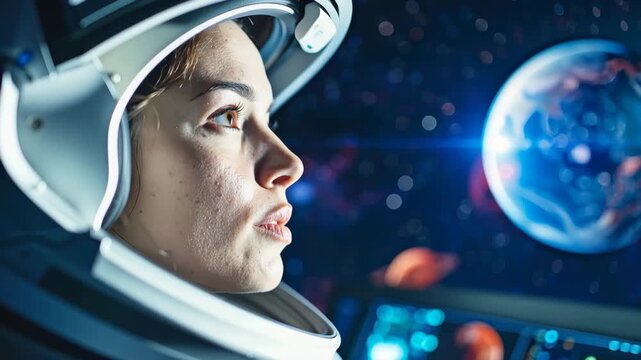 Astro-Voyage Gaze: A focused astronaut, encased in a futuristic helmet, gazes intently at the distant Earth from the cockpit of a spacecraft, surrounded by the vast expanse of the cosmos.
