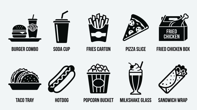 food combo fast food icon set silhouette
