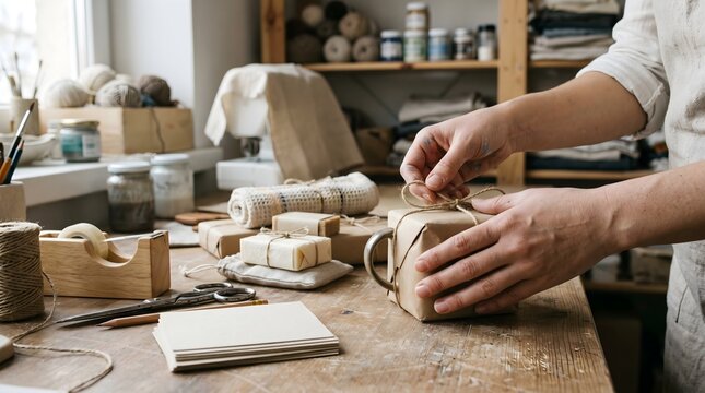 Hands Tying Twine on a Brown Paper Wrapped Gift in an Artisan's Craft Studio