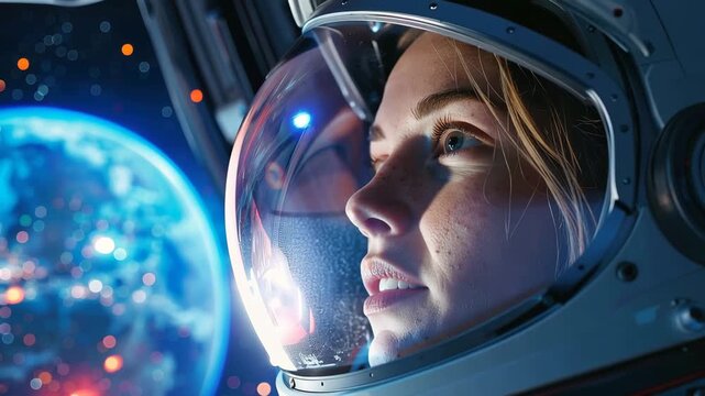 Astronaut's Gaze to the Stars: Close-up of a female astronaut in a space helmet, her face illuminated by the ethereal glow of a distant planet and celestial lights.