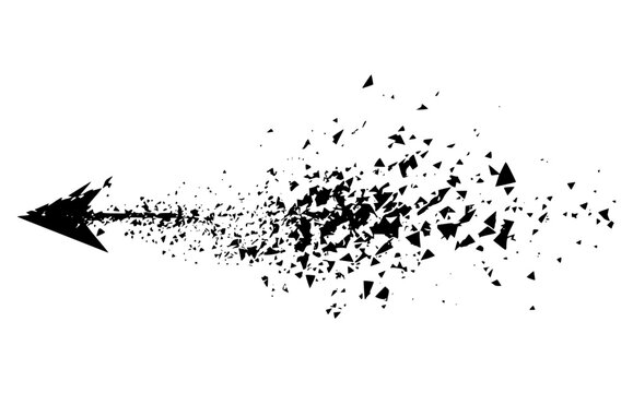 Abstract black vector arrow exploding into shattered fragments as seen in a dynamic burst effect and particle disintegration isolated on a white background.