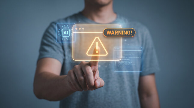 Warning alert hologram with AI chip icon triggered by man pointing at digital interface