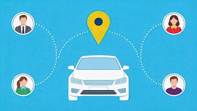 Car sharing service network illustration with vehicle connecting multiple users, ride sharing concept, urban mobility solution, collaborative economy, transportation app, and