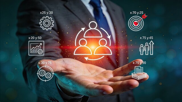 Business strategy team growth icons floating above hand, human resources management and corporate development planning with gears targets and documents symbolizing organizational