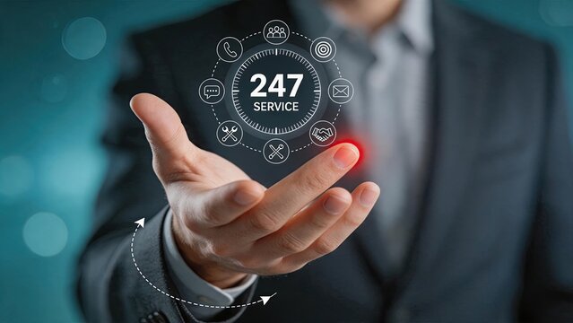 Customer support service available twenty-four seven, technical assistance helpdesk concept, continuous care and maintenance solution for client satisfaction and reliability.