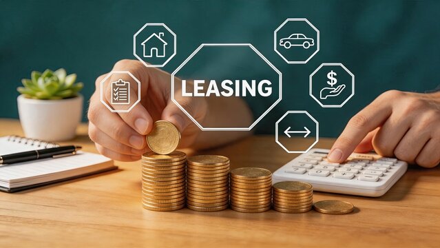 Close up of hands stacking gold coins next to calculator with leasing text and financial icons representing loan, rental and investment planning strategy