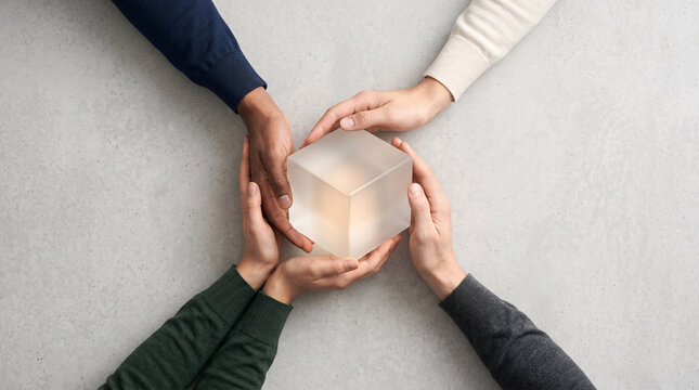 Mains tenant un cube lumineux symbolisant l&rsquo;innovation et la collaboration