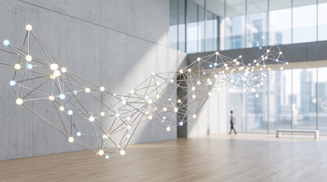 Connexion num&eacute;rique abstraite dans un hall architectural moderne et lumineux