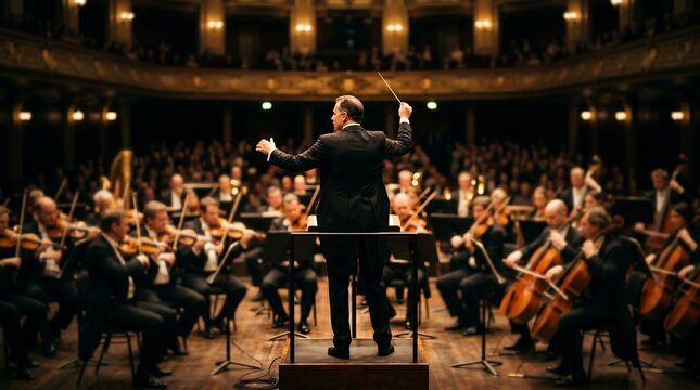 Conductor leads symphony with passionate gestures. Orchestra plays in grand, warmly lit concert hall. Musicians focus, synchronized under direction's guidance. Elegant setting evokes cultural richness