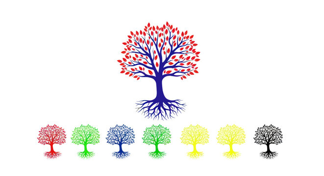 Colorful tree icons in row.