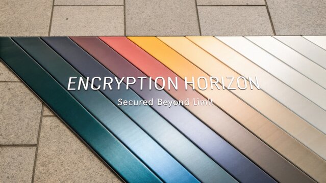 Colorful Metallic Strips Arranged at an Angle on Textured Surface with the Words 'Encryption Horizon' Centered Above in Bold Typeface