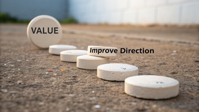 Circular objects on pavement conveying value and improvement in direction with a motivational message in urban environment for business concepts
