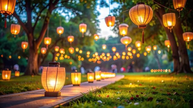 Glowing lanterns illuminate a pathway in a peaceful outdoor setting at dusk