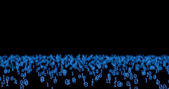 空間に浮遊し立体的に点滅する青いデジタル数字とバイナリコードの背景素材
