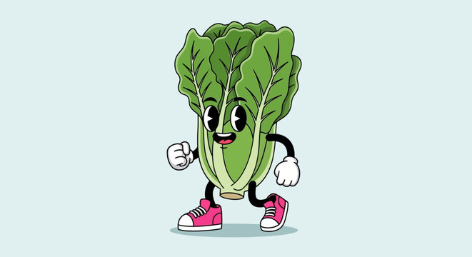 Cartoon Bok Choy Character Walking with Sneakers