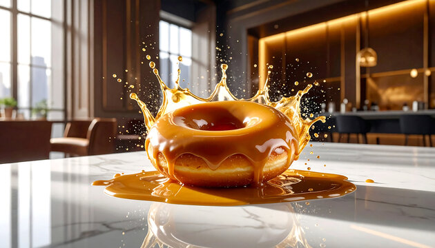 Delicious donut with glossy caramel glazing and dynamic liquid splash on white marble table in luxury modern kitchen