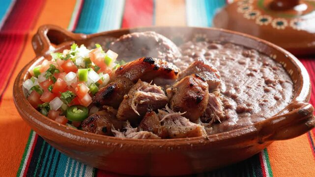 Savory Mexican dish in a clay bowl, featuring tender pork, refried beans, and vibrant pico de gallo served on a colorful table setting.