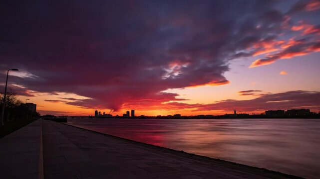 Time lapse of a vibrant sunset over a tranquil river and cityscape with dramatic cloud formations