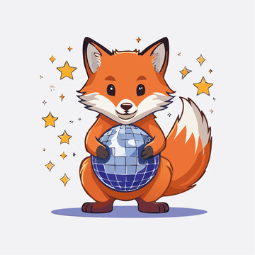 Cute cartoon fox holding a disco ball with stars