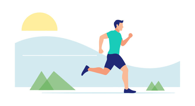 Flat Vector Illustration of a Man Running Outdoors for Fitness and Health