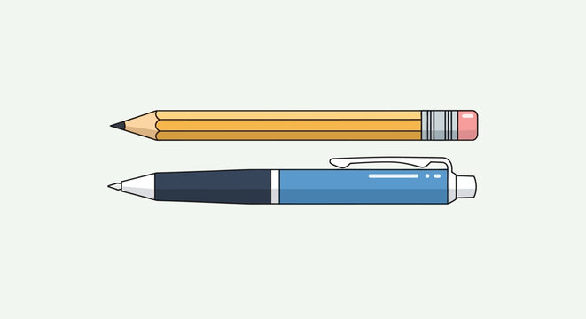 Flat Vector Illustration of a Wooden Pencil and a Blue Ballpoint Pen