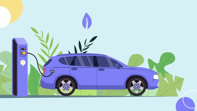 Electric Car Charging in Nature: A modern electric car is plugged into a charging station, surrounded by lush green foliage and a serene, light blue background.