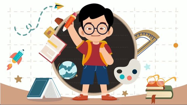 Curious Student with Creative Tools: A bright-eyed young student, glasses perched on his nose, stands with a giant pencil, surrounded by a whimsical collection of school and art supplies.