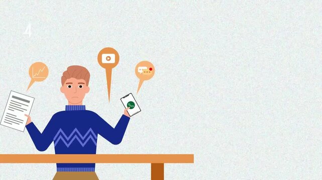 Multitasking Maestro: A young man expertly juggles various tasks and digital communications.