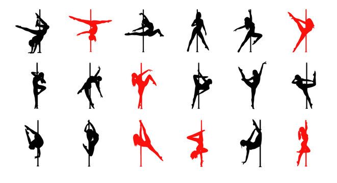 Silhouette of pole dancers performing aerobics.