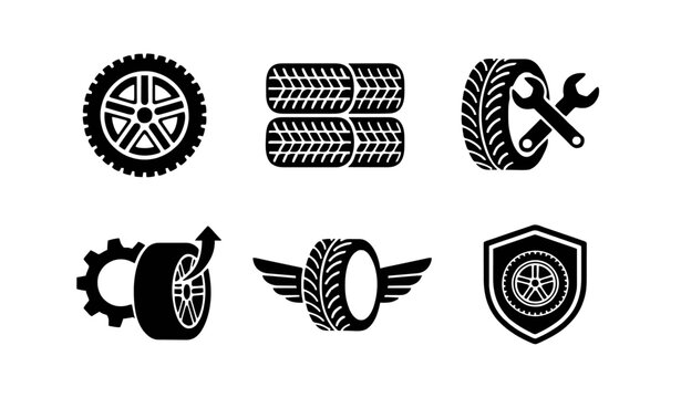 Black flat car tire and wheel vector icon set