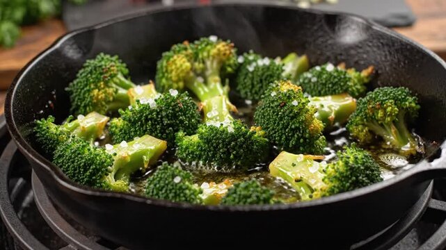 Delicious cast iron skillet broccoli florets cooking on a stove with sea salt and oil for a tasty side dish