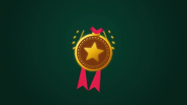 Seamless Loop Animation of Golden Medals with Red Ribbons Rotating on Dark Green Background for Achievement Award Ceremony Celebration Concept and Success Sign Graphic Design Element