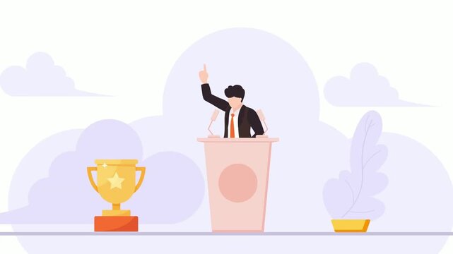 Leader with Trophy: A confident leader stands at a podium, raising a finger to emphasize a point, with a golden trophy beside him.