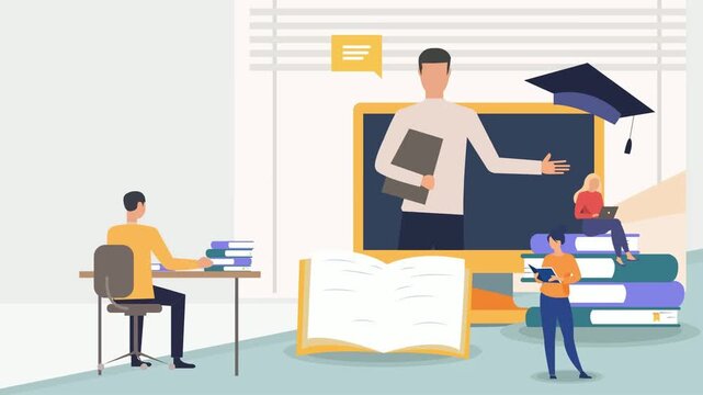 Online Education Learning: A vibrant illustration depicting students engaging in remote learning, with a virtual teacher, graduation cap.