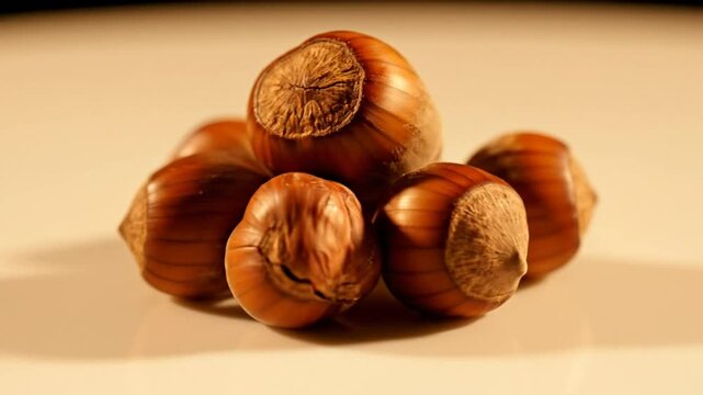 Close up view of several fresh whole hazelnuts on a reflective neutral surface for an appealing food background