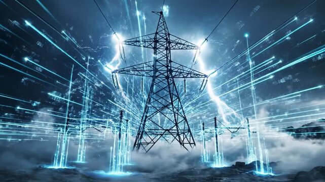 Electricity Pylons with Lightning Strikes at Night.