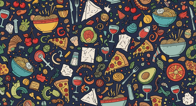 vibrant hand-drawn seamless food pattern featuring diverse culinary items kitchen tools and drinks perfect for restaurant branding or web backgrounds.