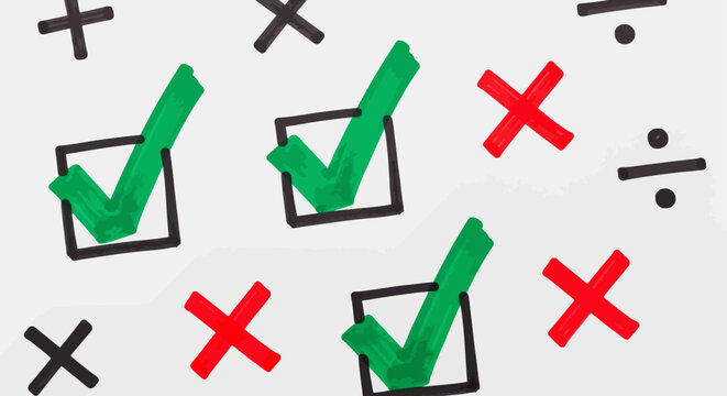 green checkmarks and red crosses on white background math symbols