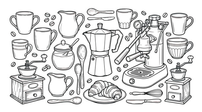 Hand drawn coffee shop equipment vector set, vintage cafe icons with espresso machine and moka pot, black and white kitchenware illustrations for menu design
