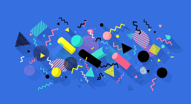 retro geometric shapes abstract background with vibrant colors and long shadows