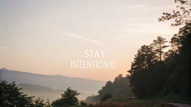 Inspirational quote on scenic landscape at dawn highlighting mindfulness in nature with soft pastel hues and serene atmosphere for personal growth