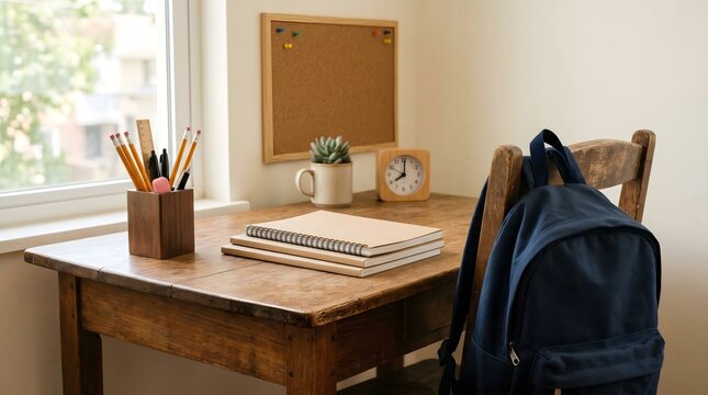 Cozy Study Desk by Window with School Supplies and Backpack