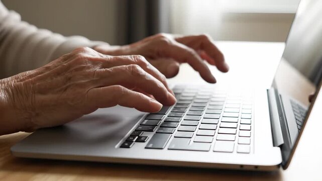 Close-up of an elderly person's hands typing on a laptop keyboard, focusing on the act of communication and technology use.