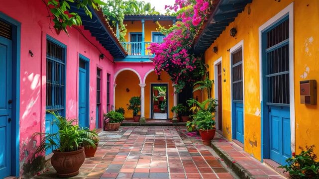 A vibrantly colored courtyard with flowers, and arched entrances in sunlight