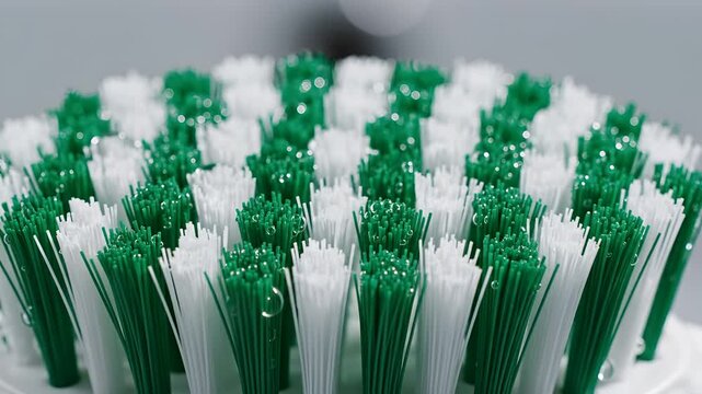 Close up of green and white toothbrush bristles for dental hygiene.