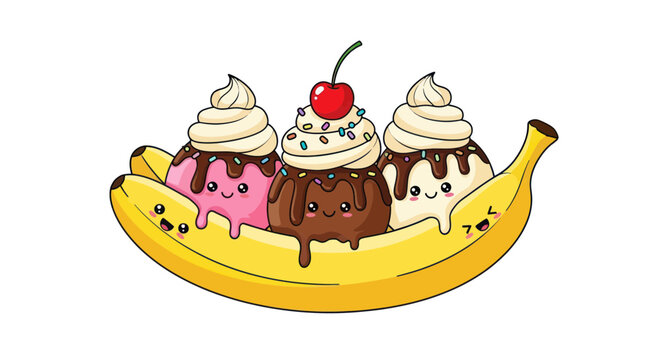 Cartoon banana split dessert treat.