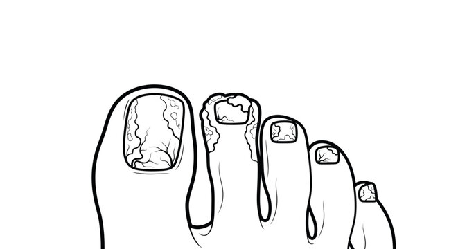 Closeup of cracked toenails on foot.