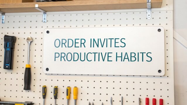 Motivational Sign on Workshop Wall Encouraging Productive Habits with Tools on Pegboard in Bright Workshop Environment