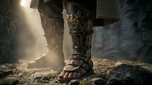 Armored sandals on rocky ground in divine light, Gospel of Peace Armor of God concept, cinematic 4K loop