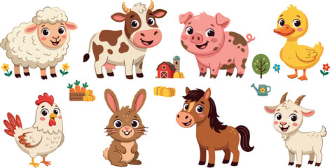 Obraz premium Cute Cartoon Farm Animals Collection Set with Sheep, Cow, Pig, Duck, Chicken, Rabbit, Horse, and Goat with Barn and Flower Decorations